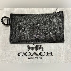Coach Black Pebbled Leather Card Holder with Zip Pocket